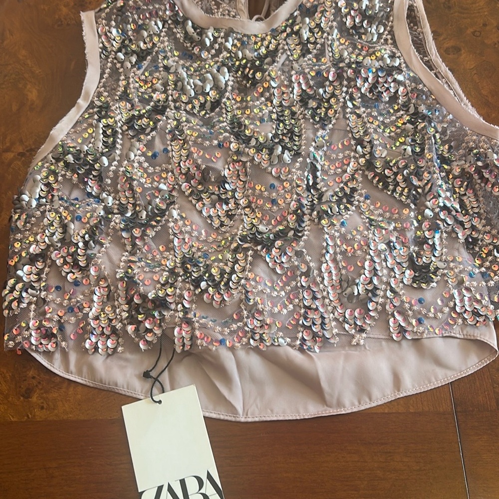 Zara Sequin Pink Silver Tank Top with Tie Back